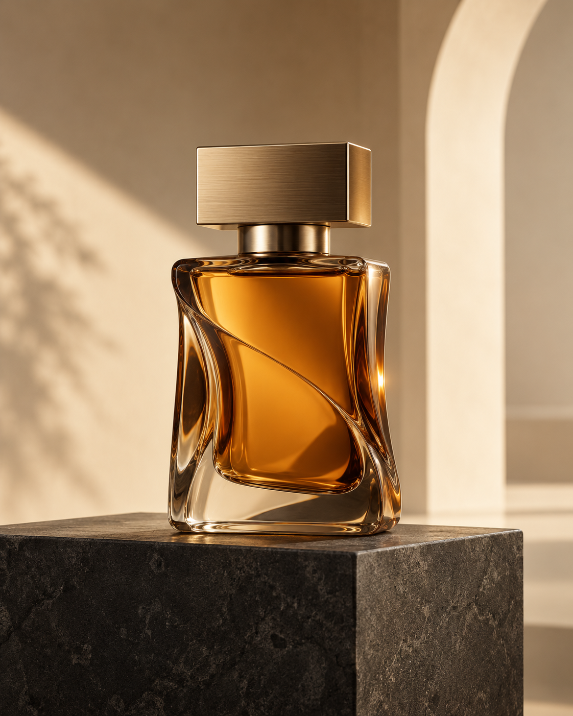 AI-generated sculptural amber-glass perfume bottle with a rectangular metal cap, on charcoal stone in a warm cream architectural setting.