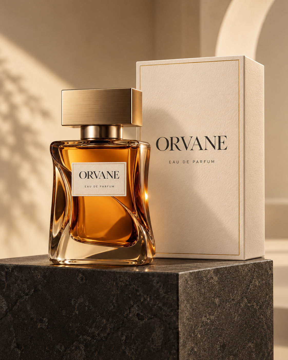 AI-generated ORVANE branded perfume example: amber bottle with an ivory label and matching upright ivory carton.